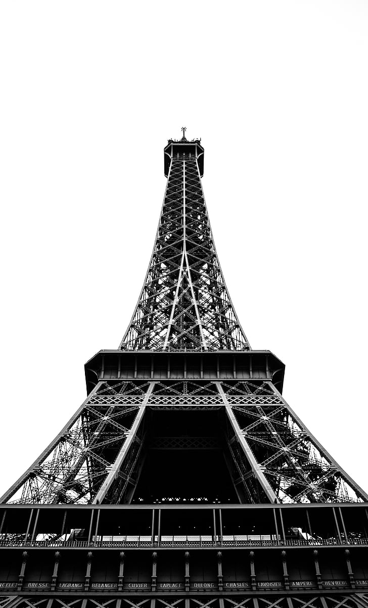 Architektura, budova, infrastruktura, Eiffel, věž, orientační bod, černá a bílá