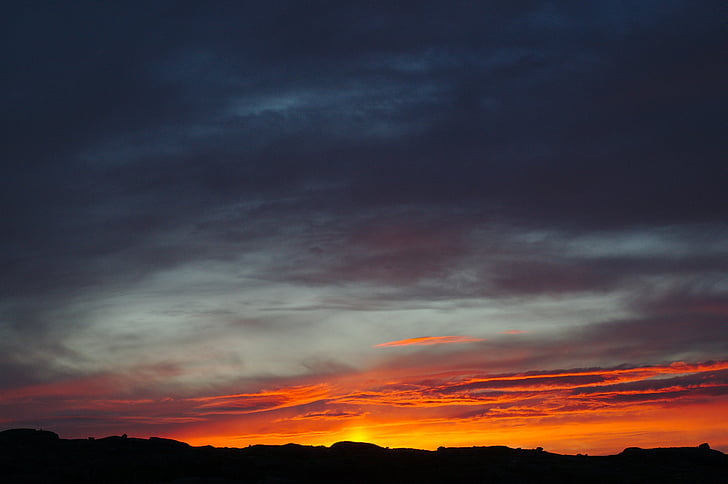 silhouette, photo, mountain, sunrise, dark, orange, sunset