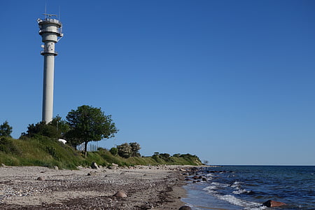 lighthouse, coast, sky, beach, baltic sea