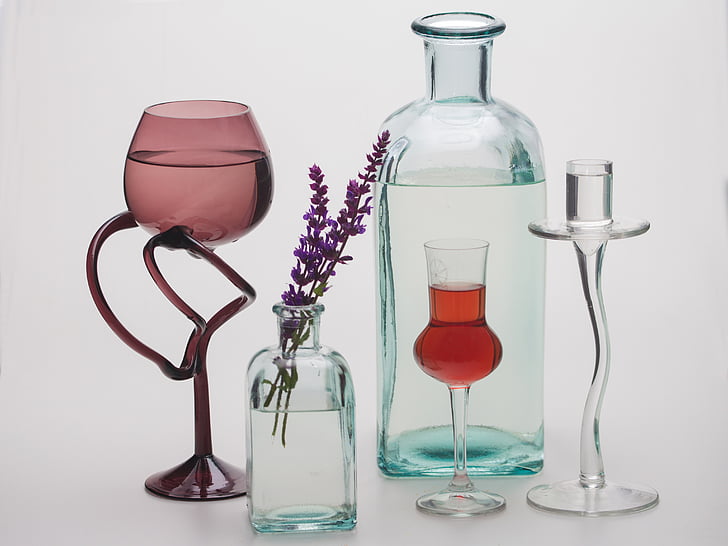 still life, flower, bottles, chalices, glasses, bottle, studio shot