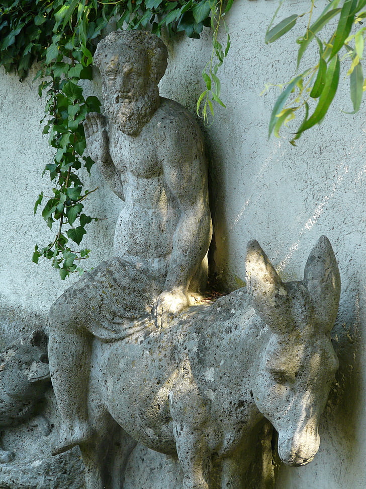 figure, man, donkey, animal, person, ride, stone