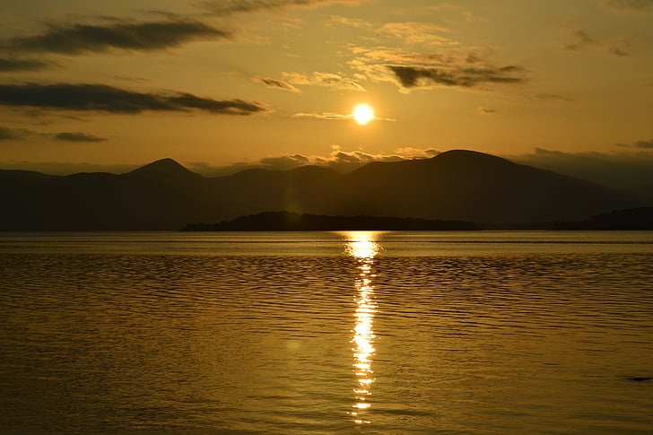 Loch, Lomond, Skottland, skotska, sjön, vatten, solen