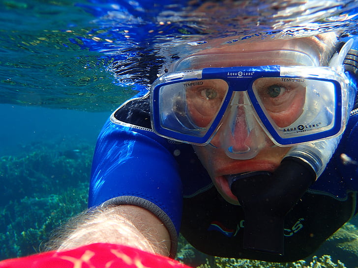 selfie, lo snorkeling, mascherina di immersione subacquea, Vacanze