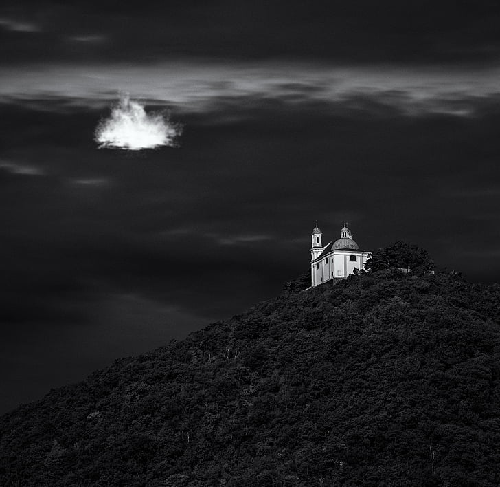 leopoldsberg, vienna, building, cloud, black and white, monochrome, austria