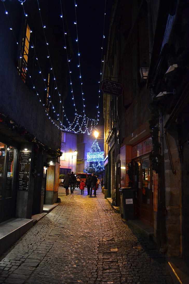 ніч, Різдво, середньовічні вулиці, Carcassonne, Гірлянди, середньовічне місто, Франція