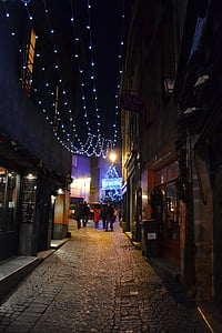 natt, jul, medeltida gatan, Carcassonne, Garland, medeltida stad, Frankrike