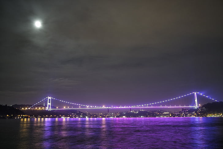 bridge, city, cityscape, illuminated, lights, moon, night
