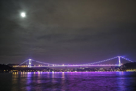 híd, város, utca-és városrészlet, világító, fények, Hold, éjszaka
