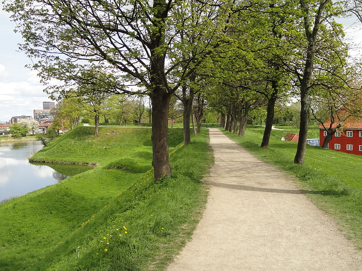 Kopenhagen, Danska, pot, dreves, trava, reka, vode