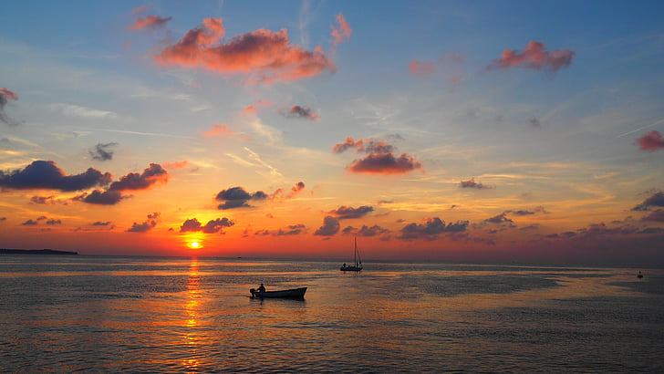 solnedgång, fiskare, fiske, havet, Ocean, fiskaren, vatten