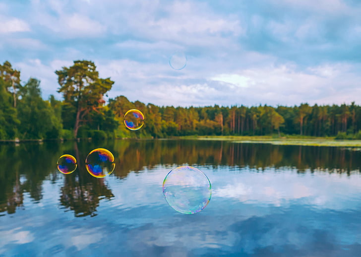 bubbles, floating, top, lake, day, time, nature