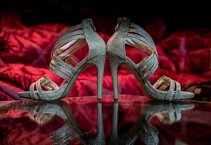 blur, close-up, focus, reflection, shoes, silver, stilettos