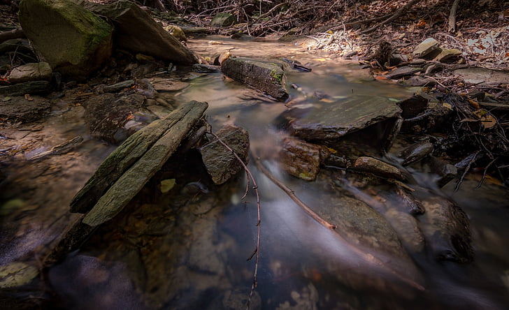 timelapse, photo, river, stream, water, wood, rock