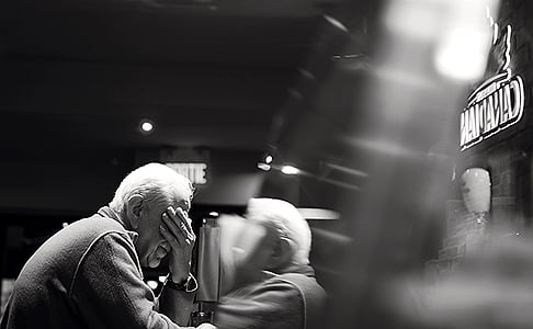 black-and-white, elderly, man, old, person, reflection, sitting