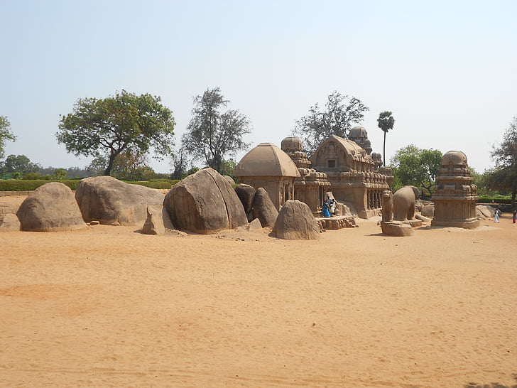 fem rathas templet, Mahabalipuram, Indien, landskap, vildmarken, vacker natur, naturliga