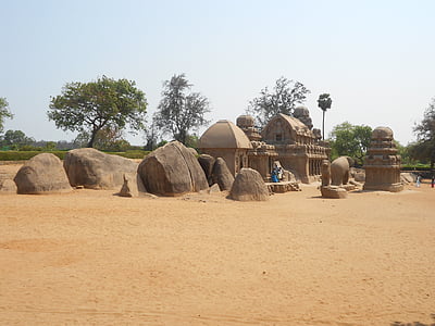 cinco rathas templo, Mahabalipuram, India, paisaje, desierto, paisaje, natural