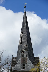 ruin, decay, church, steeple, church clock