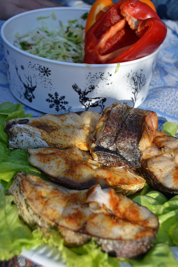 food, fish, picnic, salad, grill