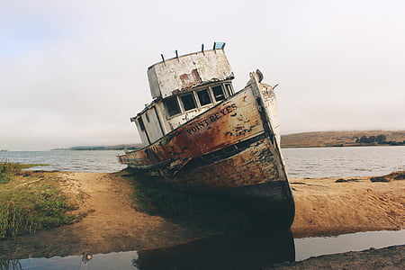 shipwreck, beside, shoreline, gray, clouds, boat, ship
