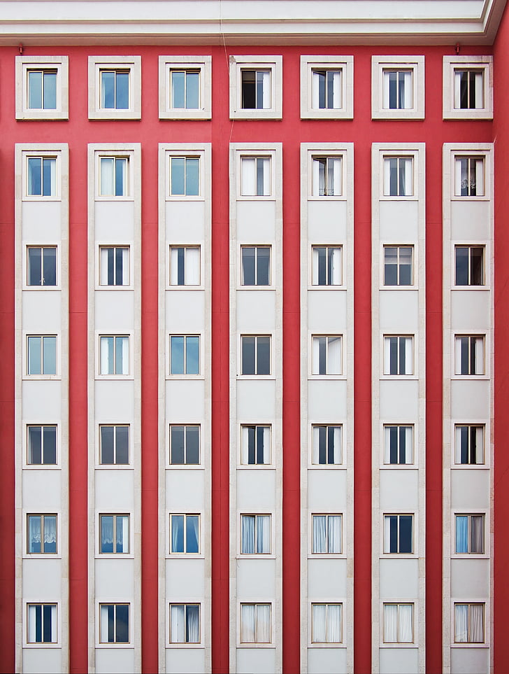 red, white, concrete, building, pattern, housing, architecture building