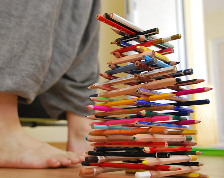 pencils, color, feet, tower, rainbow, red, green