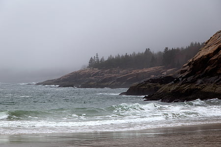 beach, coast, foggy, nature, ocean, rocks, sand