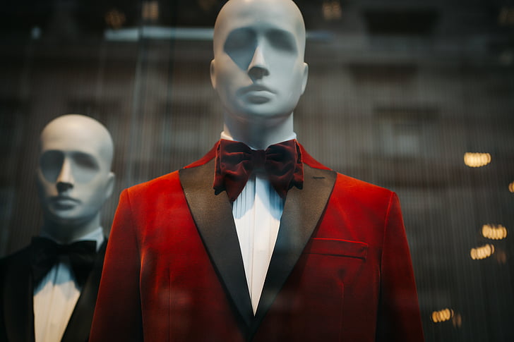 Manekenas, raudona, kostiumas, striukė, peteliškę, žmogaus vaizdas, mažmeninės prekybos