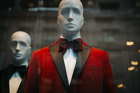 mannequin, red, suit, jacket, bow tie, human representation, retail