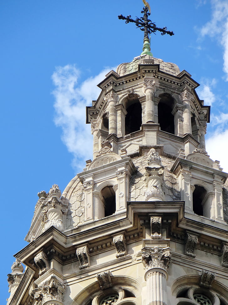 paris, trinity, church, belfry, bell tower, sculptures, architecture