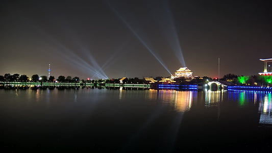 nacht, licht, Lake, Kaifeng, Resorts, stadsgezicht, reflectie