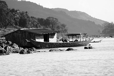 boat, river, hut, mountain, water, travel, summer