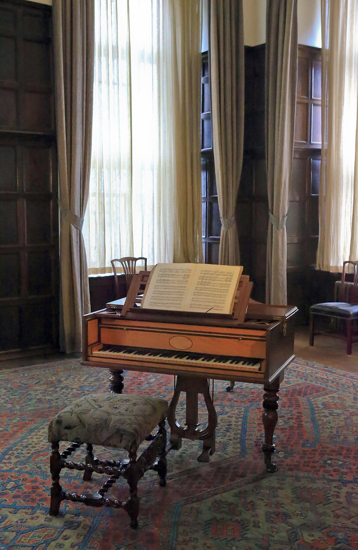 piano, old, vintage, stool, sheet music, high windows