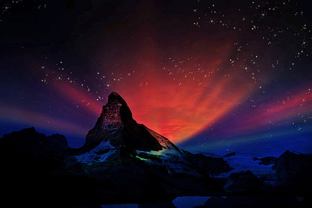 Matterhorn, Swiss, Fantasy, krajobraz, noc, Aurora, gwiazdy