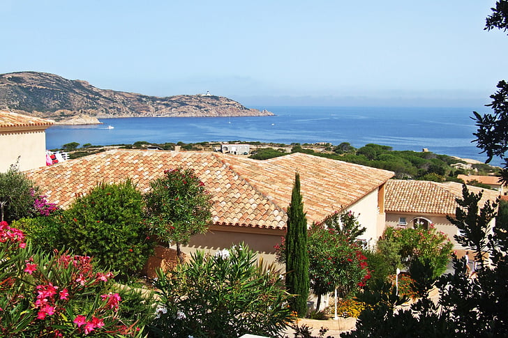 house, roof, holiday, corsica, sea, bay, landscape