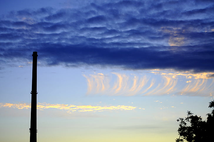 blue sky, clouds, chimney, evening, scenery