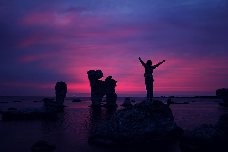 clouds, excited, girl, purple, rocks, sea, silhouette