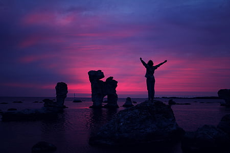 nuages, excité, jeune fille, Purple, roches, mer, silhouette