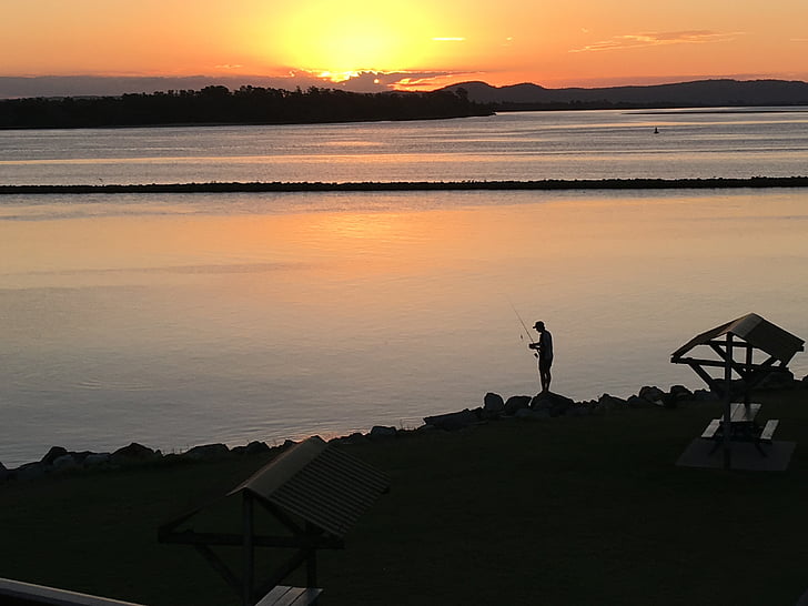 sunset, fishing, river