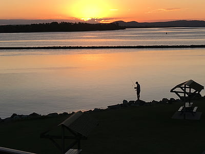 solnedgång, fiske, floden