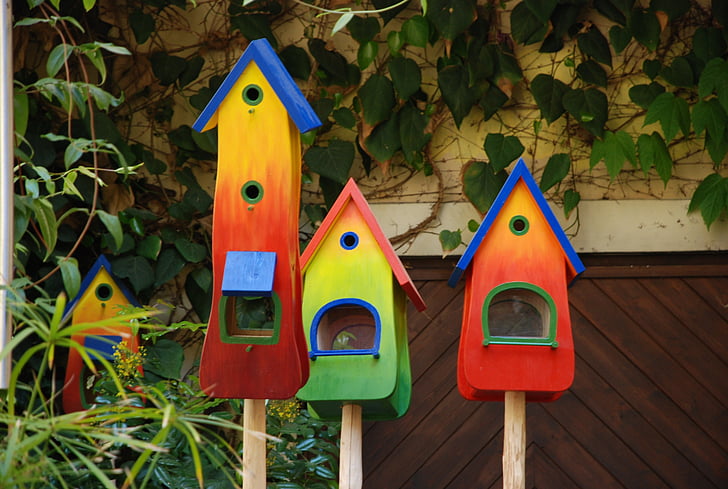colorful, bird feeder, nesting box, colored, color, birdhouse, bird