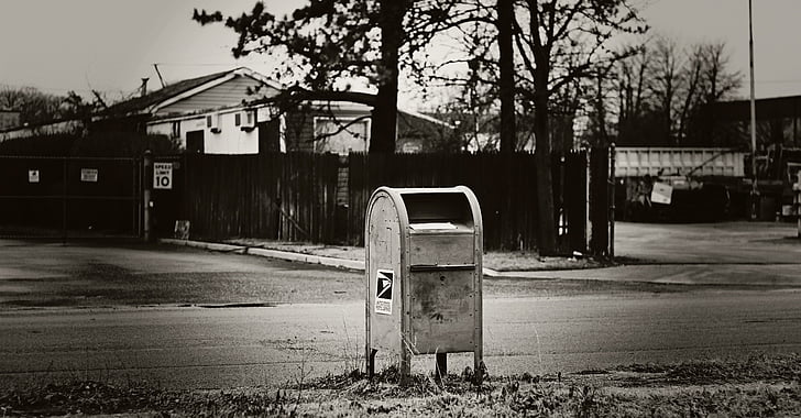 pastkaste, pilsētas, melnbalts, pasts, ārpus telpām, pasta, pastkastītes