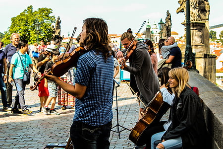 artists, charles bridge, violin, people