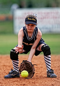 athlete, ball, baseball, catcher, child, female, field