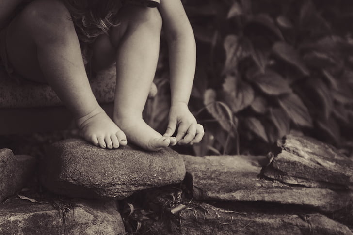 black-and-white, blur, child, feet, girl, hand, kid