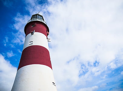 lighthouse, clouds, sky, red, white, architecture, tower