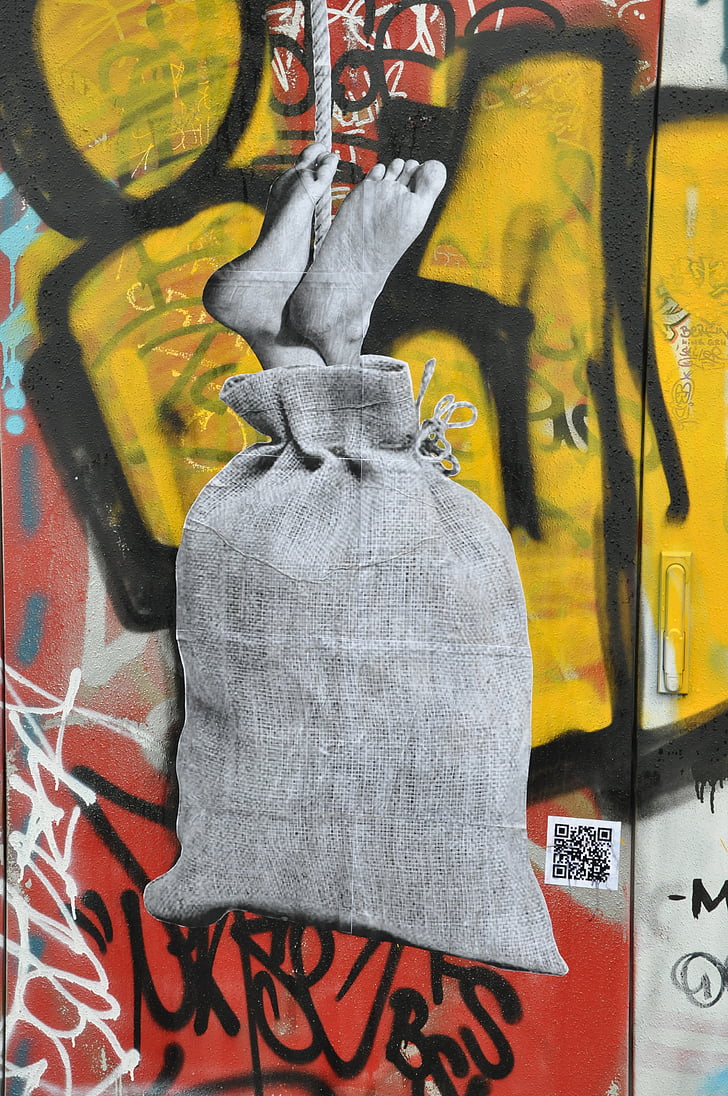 graffiti, fal, dusia tó, Berlin, táska, láb, lábak