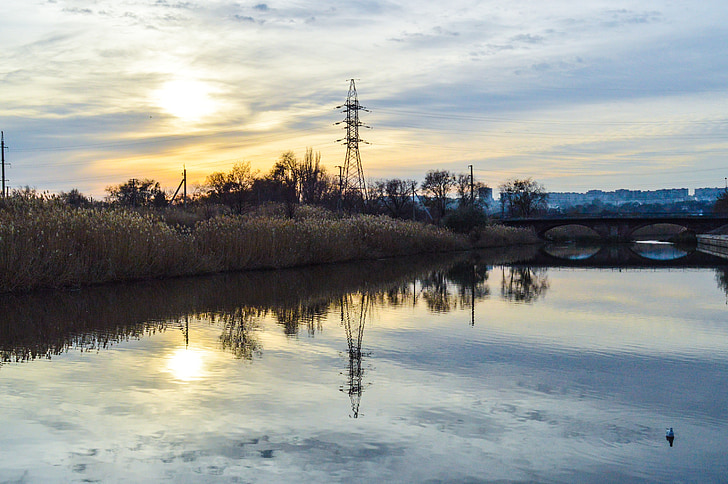 fiume, tramonto, Mariupol