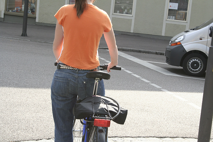 Sepeda, pengendara sepeda, bergerak, Porter, kembali cahaya, t-shirt, jins