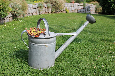 watering can, garden, rush, wall, stones, flowers, casting