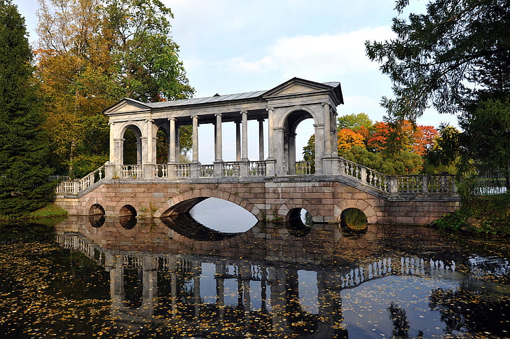 el puente de mármol, el conjunto Palacio tsarskoe selo, Parque, arquitectura, reflexión, agua, Río